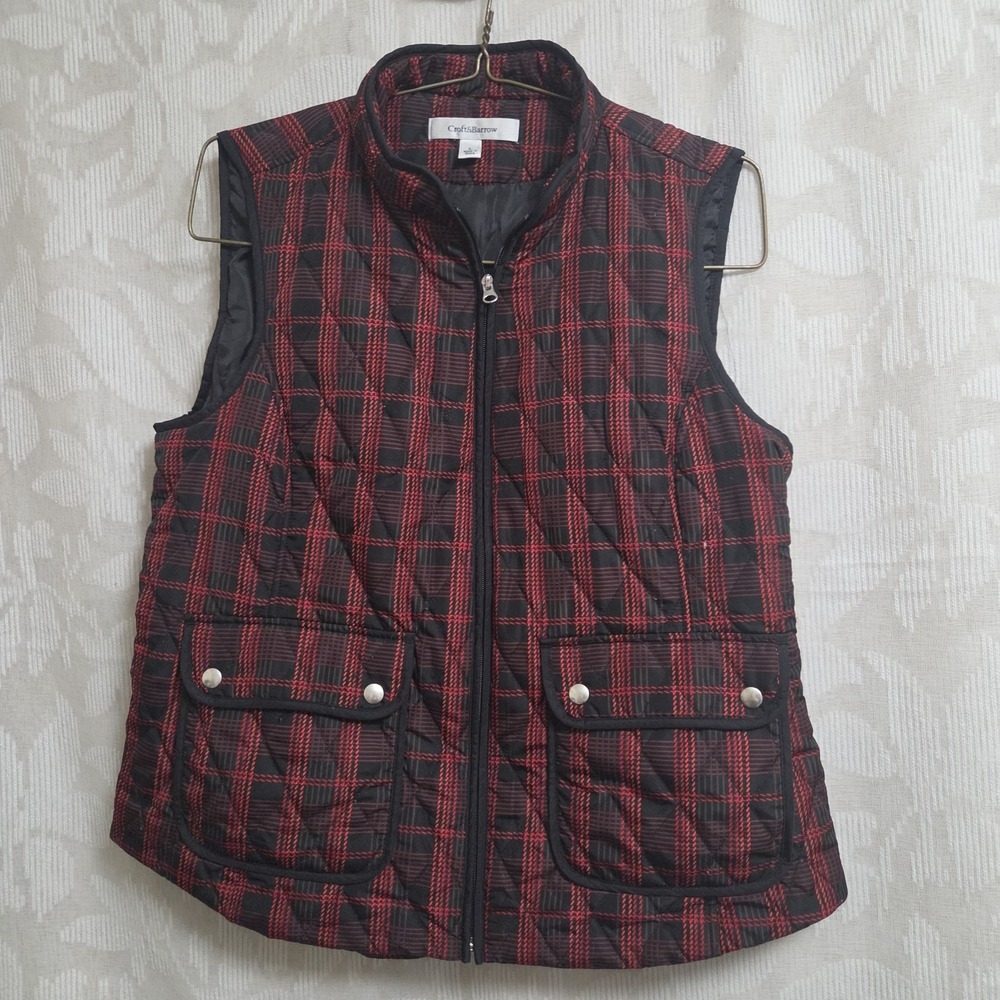 Women's L Quilted Puffer Vest Red Plaid Zip Adjustable Waist Cabin Camp Rustic